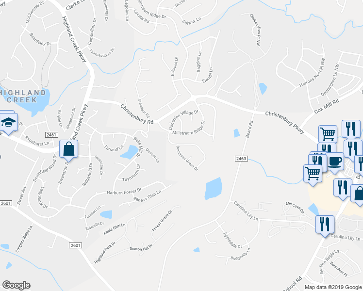 map of restaurants, bars, coffee shops, grocery stores, and more near 10304 Dominion Village Drive in Charlotte