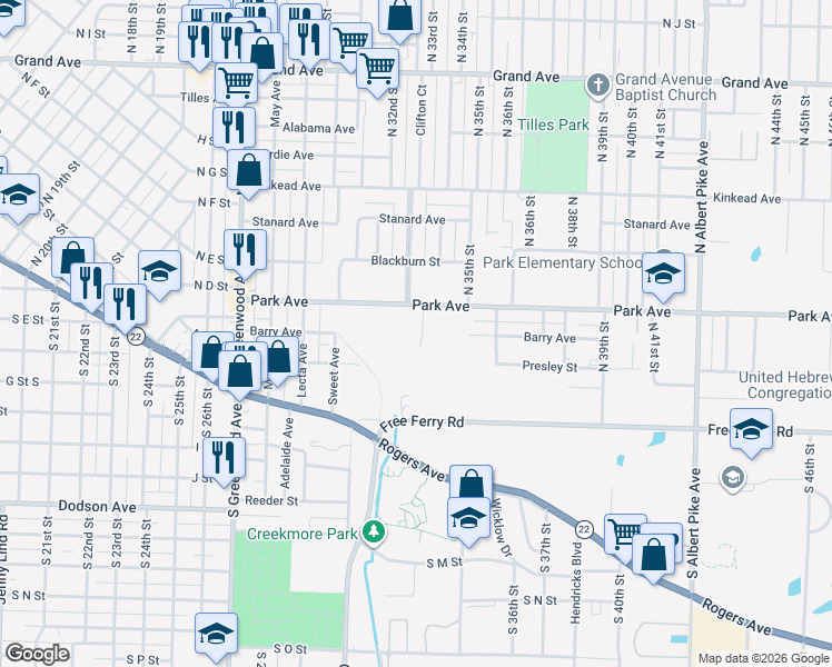 map of restaurants, bars, coffee shops, grocery stores, and more near 209 N 33rd Cir in Fort Smith