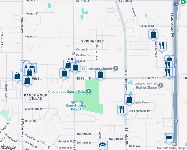 map of restaurants, bars, coffee shops, grocery stores, and more near 125 Southeast 89th Street in Oklahoma City