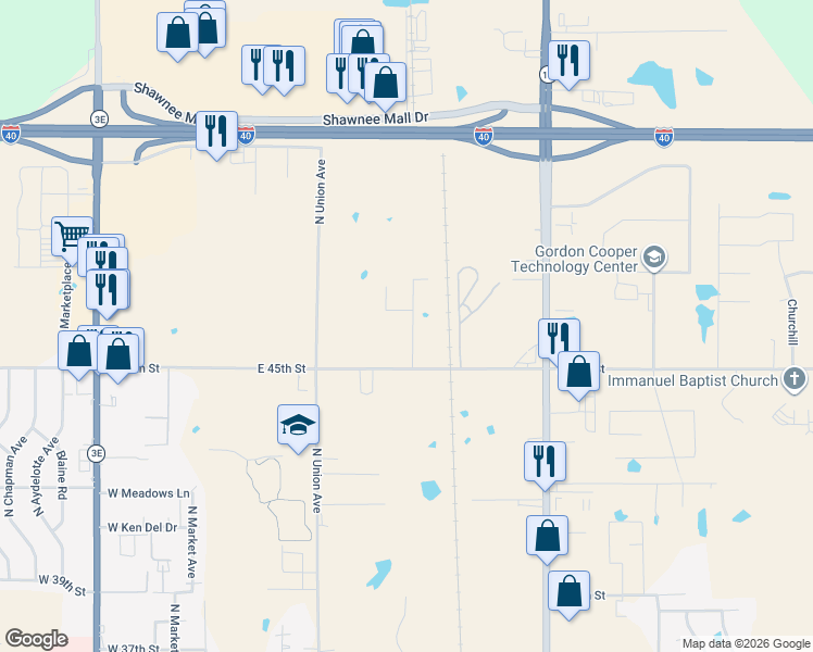 map of restaurants, bars, coffee shops, grocery stores, and more near 306 East 45th Street in Shawnee