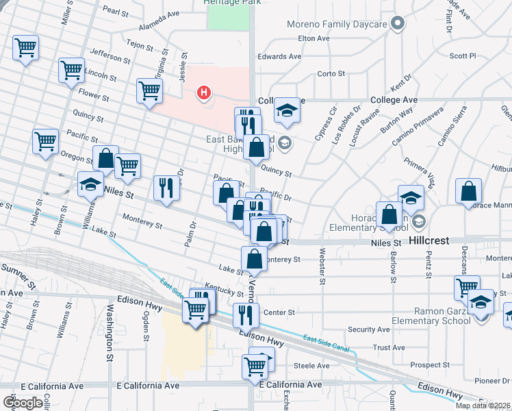map of restaurants, bars, coffee shops, grocery stores, and more near 2224 Oregon Street in Bakersfield