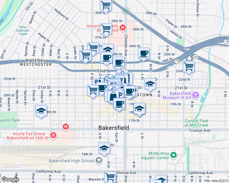 map of restaurants, bars, coffee shops, grocery stores, and more near 1614 20th Street in Bakersfield