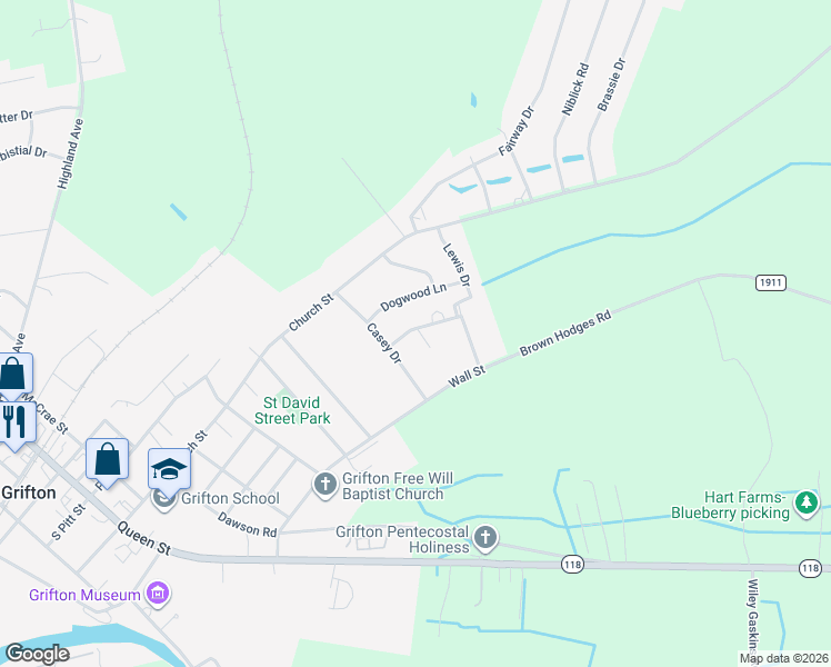 map of restaurants, bars, coffee shops, grocery stores, and more near 710 Birch Road in Grifton