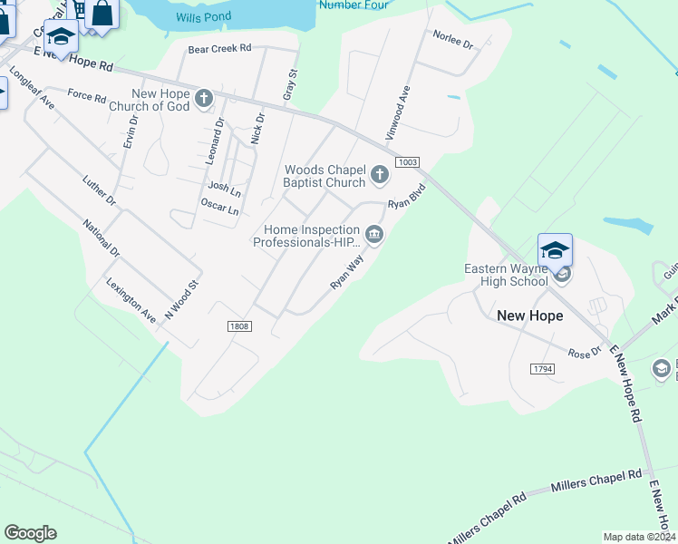map of restaurants, bars, coffee shops, grocery stores, and more near 221 Ryan Way in Goldsboro