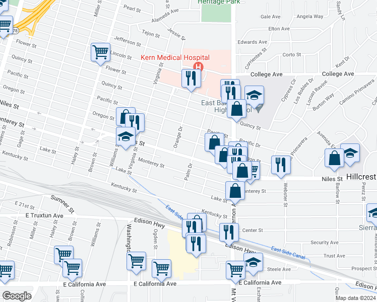 map of restaurants, bars, coffee shops, grocery stores, and more near 1924 Niles Street in Bakersfield