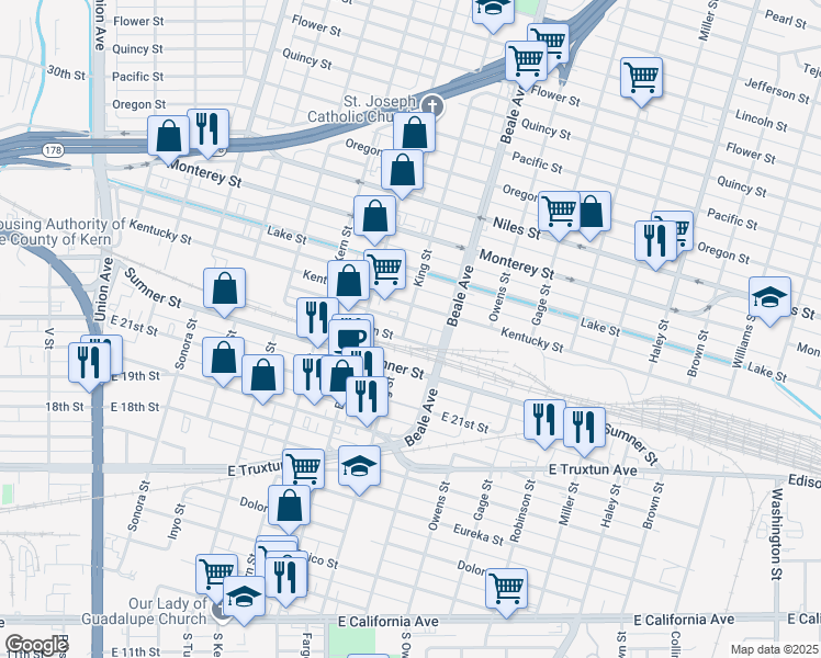 map of restaurants, bars, coffee shops, grocery stores, and more near 800 Jackson Street in Bakersfield