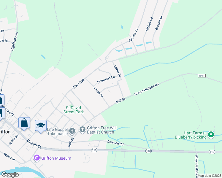 map of restaurants, bars, coffee shops, grocery stores, and more near 710 Birch Road in Grifton