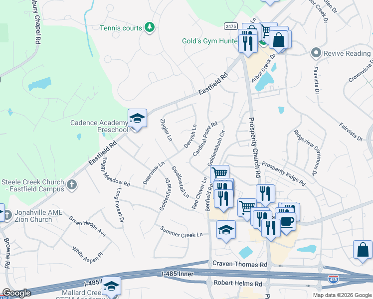 map of restaurants, bars, coffee shops, grocery stores, and more near 12434 Dervish Lane in Charlotte