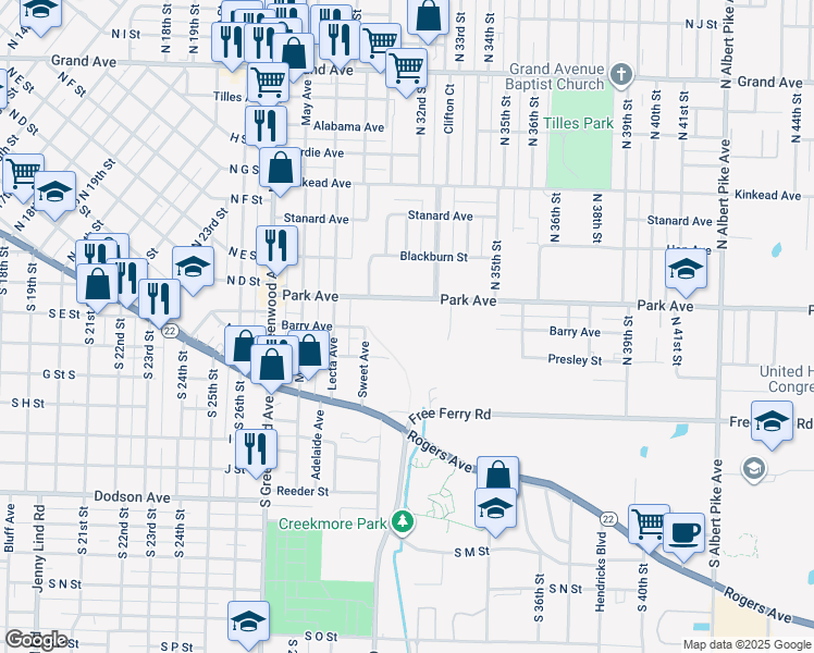 map of restaurants, bars, coffee shops, grocery stores, and more near 3108 Park Avenue in Fort Smith