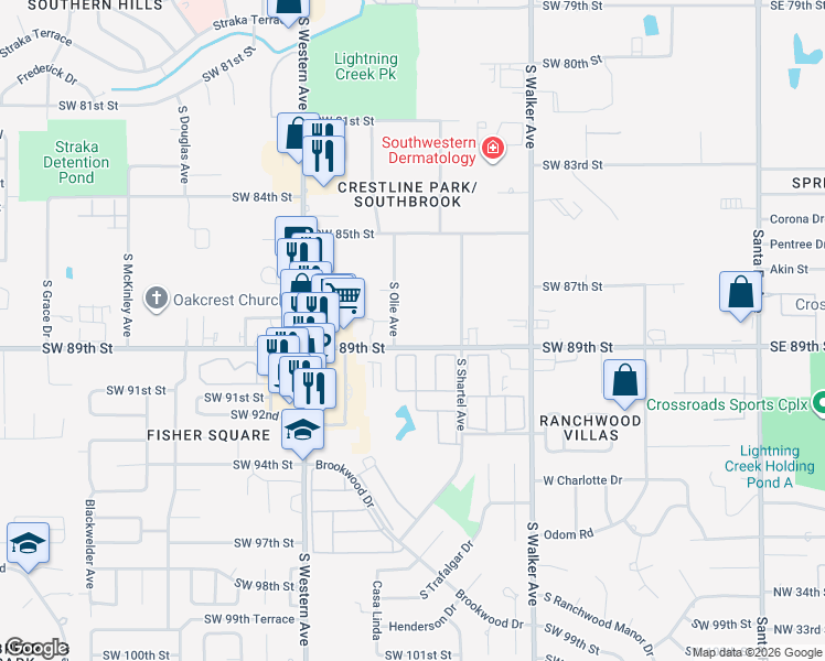 map of restaurants, bars, coffee shops, grocery stores, and more near 731 Southwest 89th Street in Oklahoma City