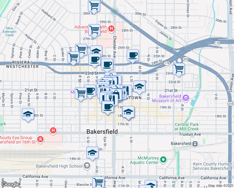 map of restaurants, bars, coffee shops, grocery stores, and more near 2018 Chester Avenue in Bakersfield