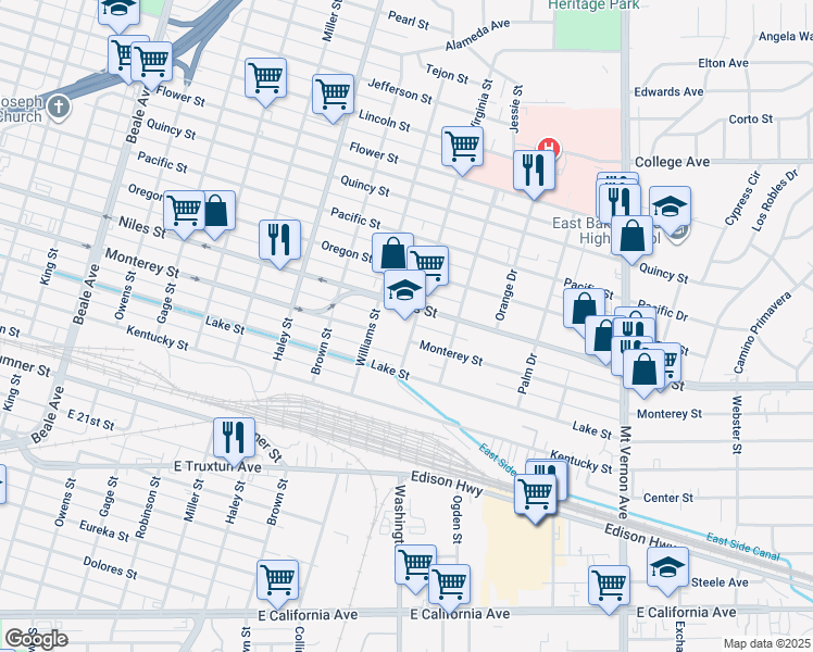 map of restaurants, bars, coffee shops, grocery stores, and more near 1201 Williams Street in Bakersfield