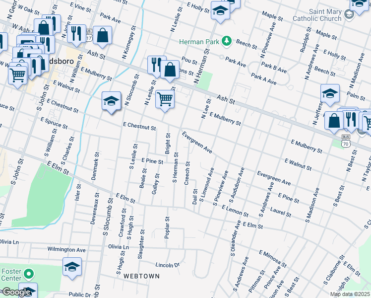 map of restaurants, bars, coffee shops, grocery stores, and more near 303 Creech Street in Goldsboro