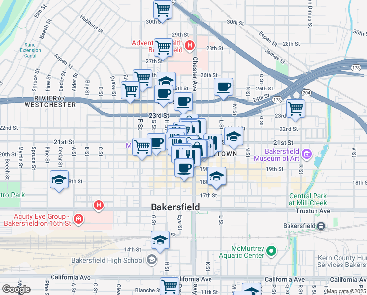 map of restaurants, bars, coffee shops, grocery stores, and more near 2003 Chester Avenue in Bakersfield