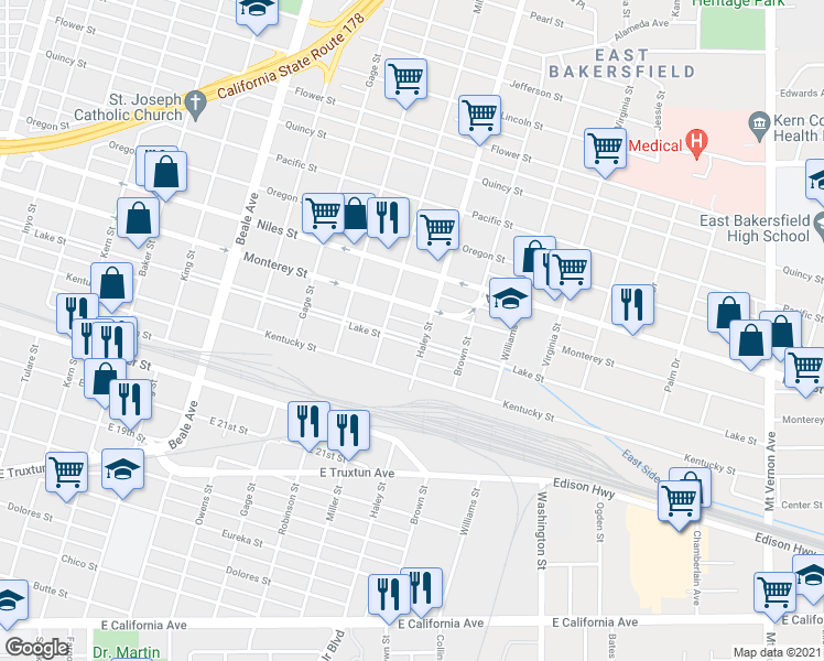 map of restaurants, bars, coffee shops, grocery stores, and more near 1314 Lake Street in Bakersfield