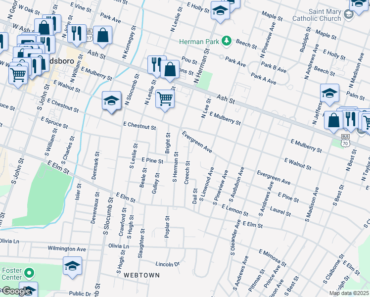 map of restaurants, bars, coffee shops, grocery stores, and more near 303 S Creech St in Goldsboro