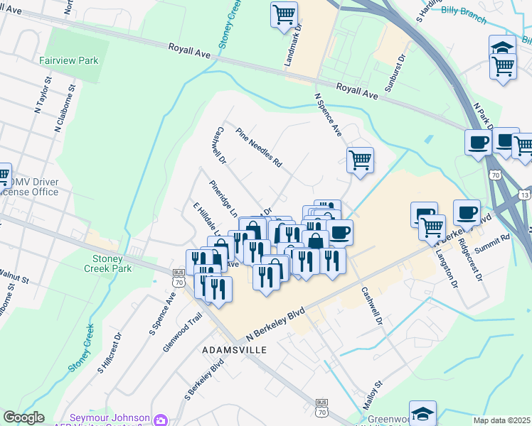 map of restaurants, bars, coffee shops, grocery stores, and more near 2500 Cashwell Drive in Goldsboro