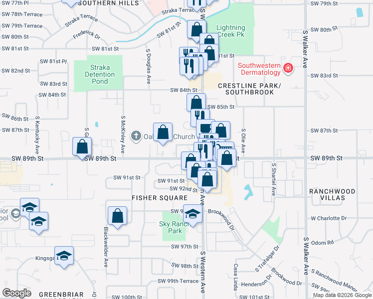 map of restaurants, bars, coffee shops, grocery stores, and more near 937 Southwest 89th Street in Oklahoma City