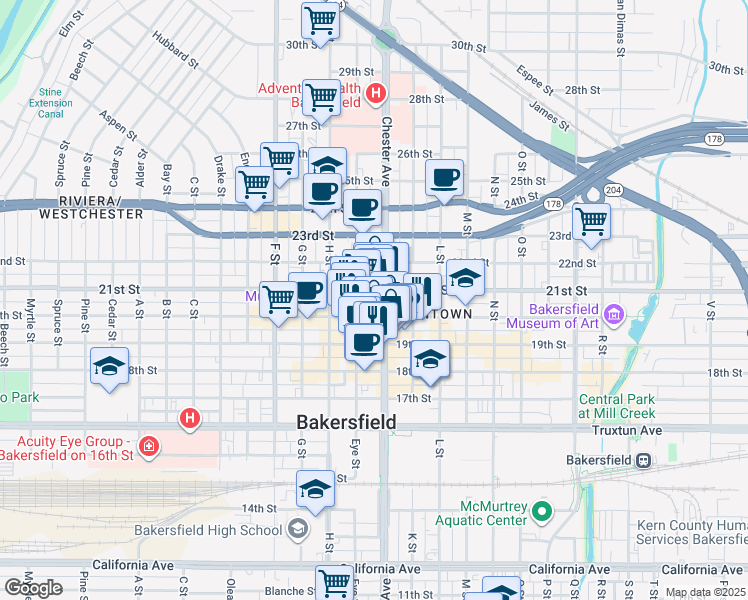 map of restaurants, bars, coffee shops, grocery stores, and more near 2003 Chester Avenue in Bakersfield