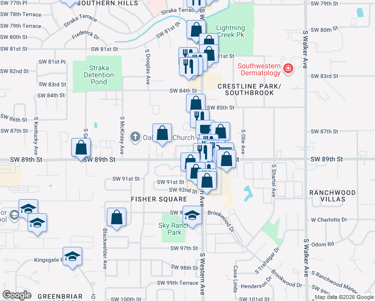 map of restaurants, bars, coffee shops, grocery stores, and more near 937 Southwest 89th Street in Oklahoma City