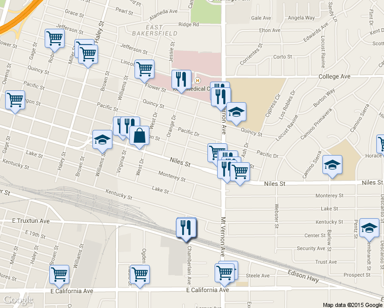 map of restaurants, bars, coffee shops, grocery stores, and more near 2037 Oregon Street in Bakersfield