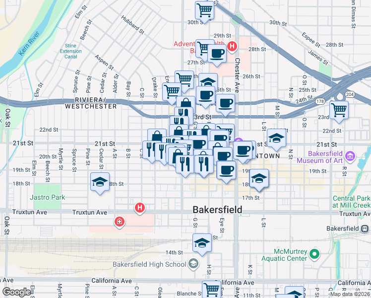 map of restaurants, bars, coffee shops, grocery stores, and more near 2001 F Street in Bakersfield