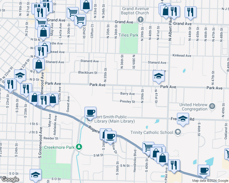 map of restaurants, bars, coffee shops, grocery stores, and more near 3602 Barry Avenue in Fort Smith