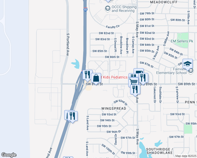 map of restaurants, bars, coffee shops, grocery stores, and more near 3131 Southwest 89th Street in Oklahoma City