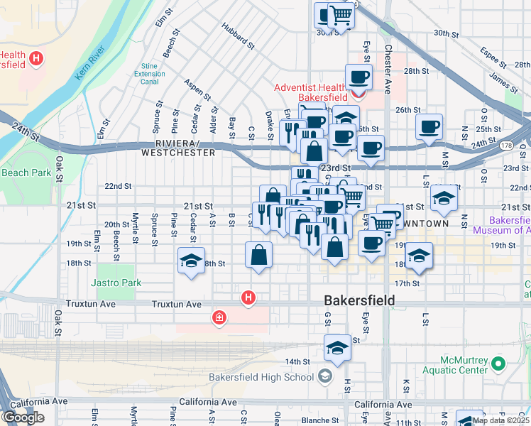 map of restaurants, bars, coffee shops, grocery stores, and more near 2019 D Street in Bakersfield