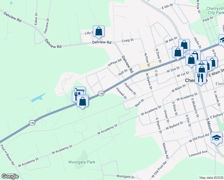 map of restaurants, bars, coffee shops, grocery stores, and more near 1005 W Church St in Cherryville