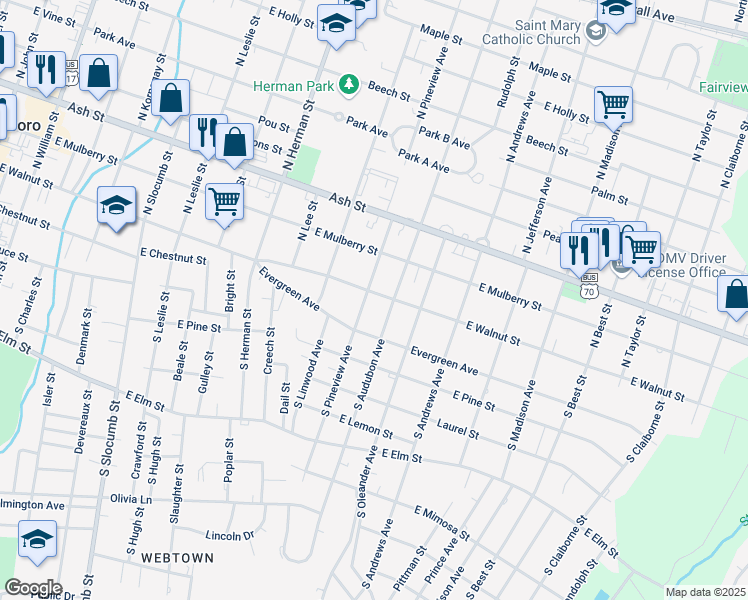 map of restaurants, bars, coffee shops, grocery stores, and more near 1202 East Walnut Street in Goldsboro