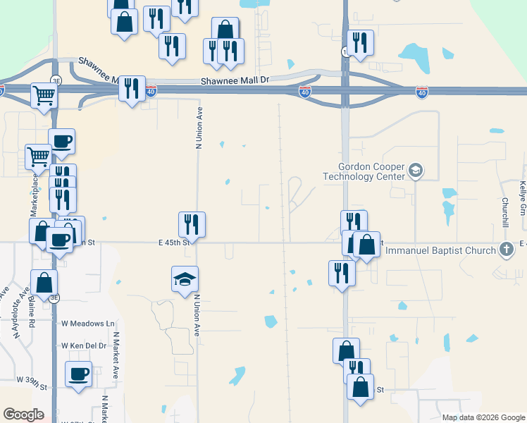 map of restaurants, bars, coffee shops, grocery stores, and more near 650 East 45th Street in Shawnee