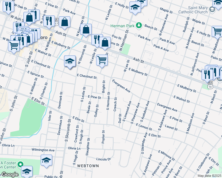 map of restaurants, bars, coffee shops, grocery stores, and more near 303 S Creech St in Goldsboro