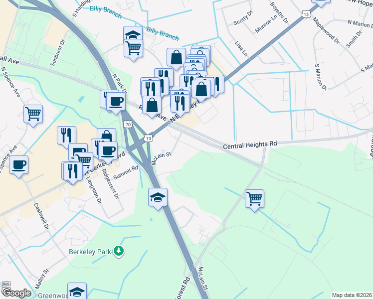 map of restaurants, bars, coffee shops, grocery stores, and more near 3004 Central Heights Road in Goldsboro