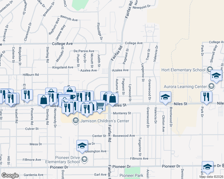 map of restaurants, bars, coffee shops, grocery stores, and more near 2117 Fairfax Road in Bakersfield