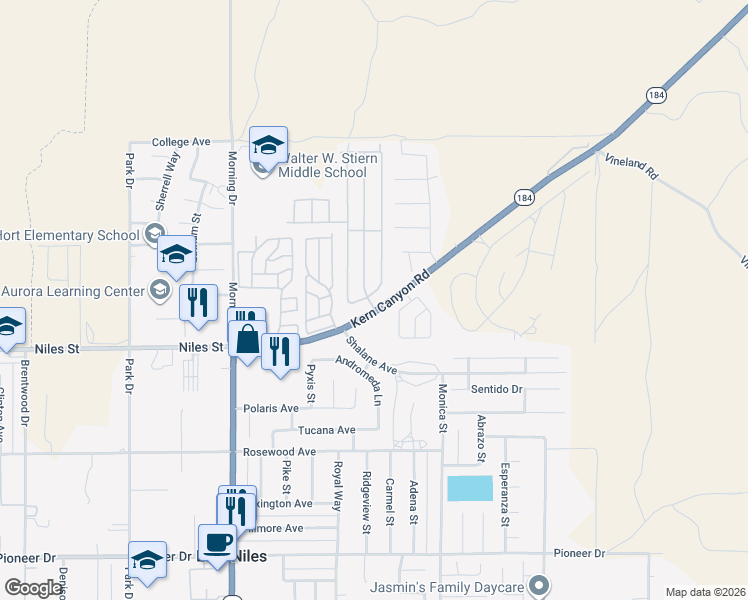 map of restaurants, bars, coffee shops, grocery stores, and more near 8601 Kern Canyon Road in Bakersfield