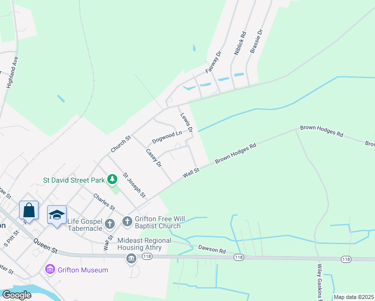 map of restaurants, bars, coffee shops, grocery stores, and more near 806 Lewis Drive in Grifton
