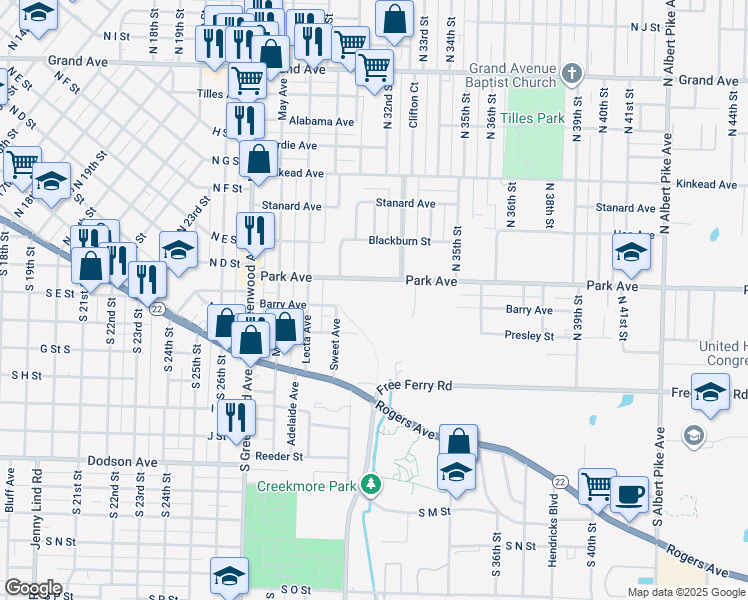 map of restaurants, bars, coffee shops, grocery stores, and more near 3108 Park Avenue in Fort Smith