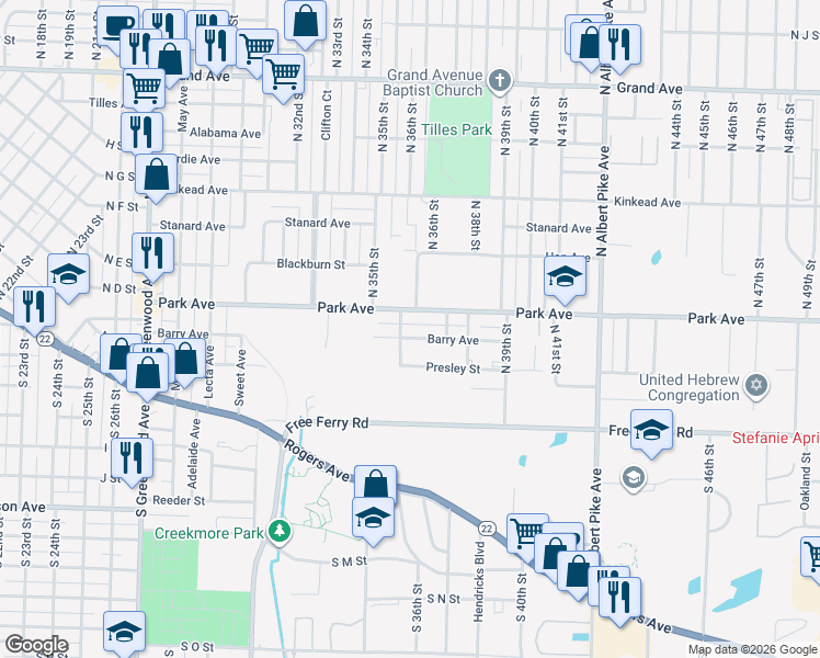 map of restaurants, bars, coffee shops, grocery stores, and more near 3602 Barry Avenue in Fort Smith