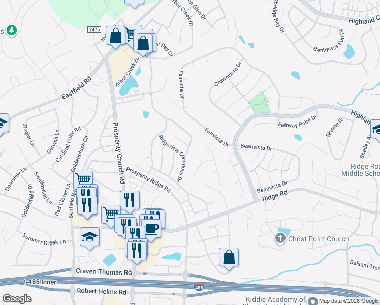 map of restaurants, bars, coffee shops, grocery stores, and more near 9706 Rocky Ford Club Road in Charlotte