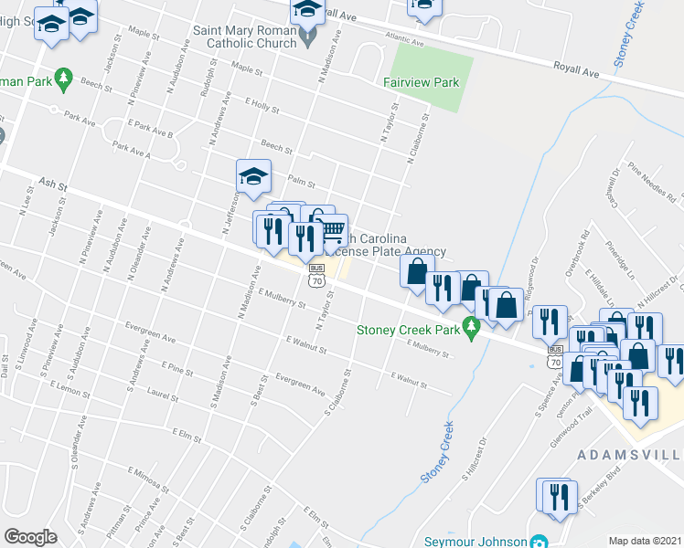 map of restaurants, bars, coffee shops, grocery stores, and more near 1901 East Ash Street in Goldsboro