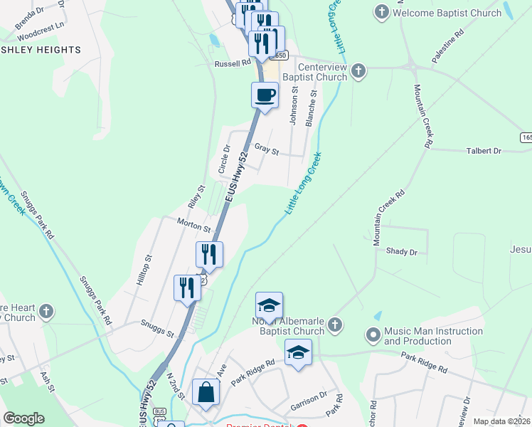 map of restaurants, bars, coffee shops, grocery stores, and more near 1502 U.S. 52 in Albemarle