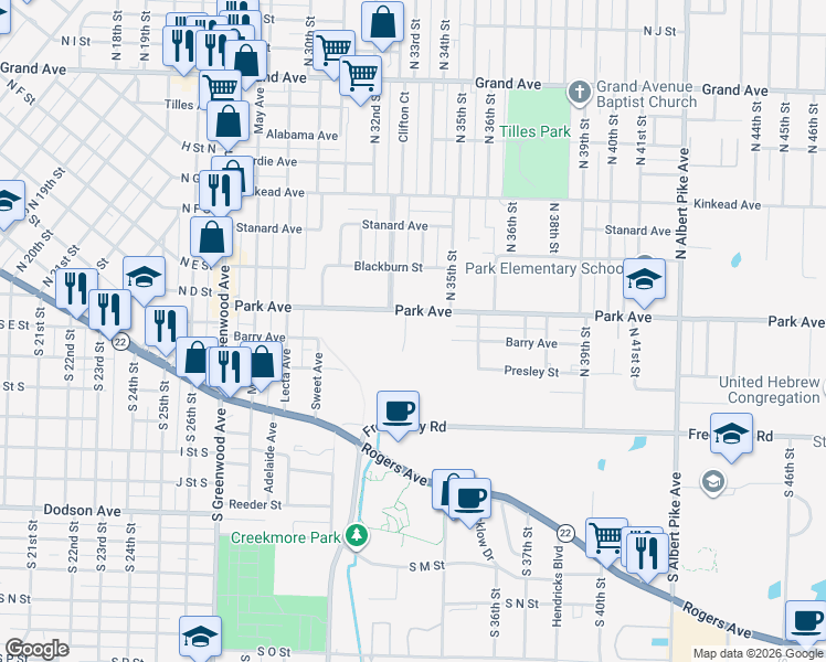 map of restaurants, bars, coffee shops, grocery stores, and more near 209 North 33rd Circle in Fort Smith