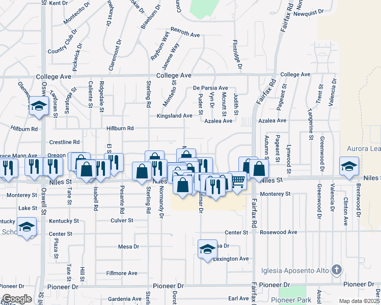 map of restaurants, bars, coffee shops, grocery stores, and more near 4008 Oregon Street in Bakersfield