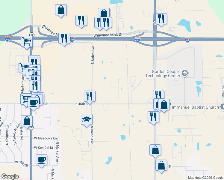 map of restaurants, bars, coffee shops, grocery stores, and more near 306 East 45th Street in Shawnee