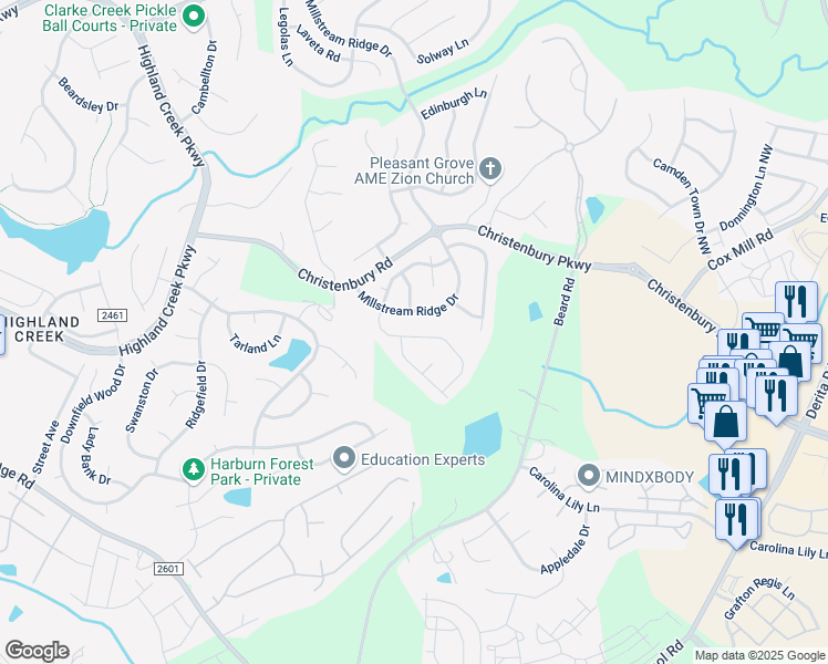 map of restaurants, bars, coffee shops, grocery stores, and more near 10311 Dominion Village Drive in Charlotte
