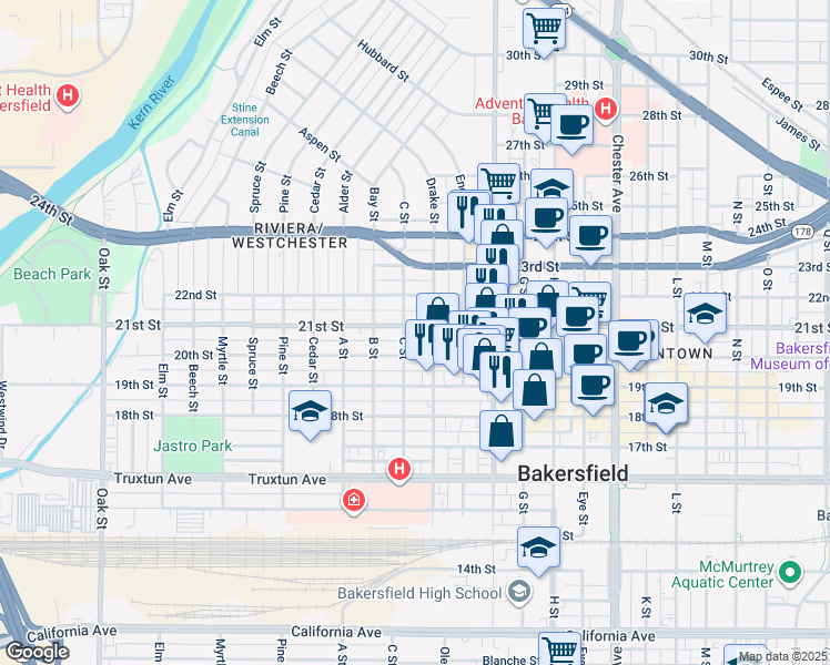 map of restaurants, bars, coffee shops, grocery stores, and more near 2016 C Street in Bakersfield