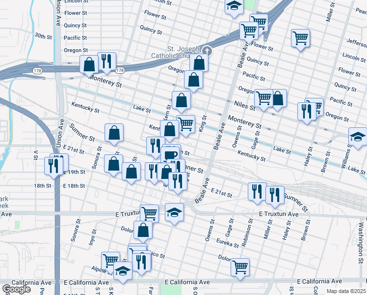 map of restaurants, bars, coffee shops, grocery stores, and more near 710 Jackson Street in Bakersfield