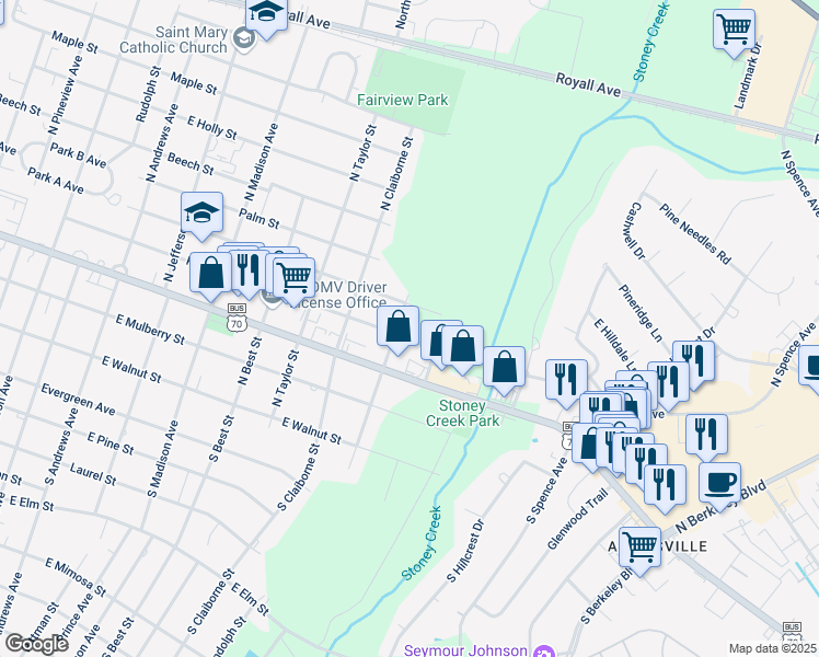 map of restaurants, bars, coffee shops, grocery stores, and more near 2101 Peachtree Street in Goldsboro