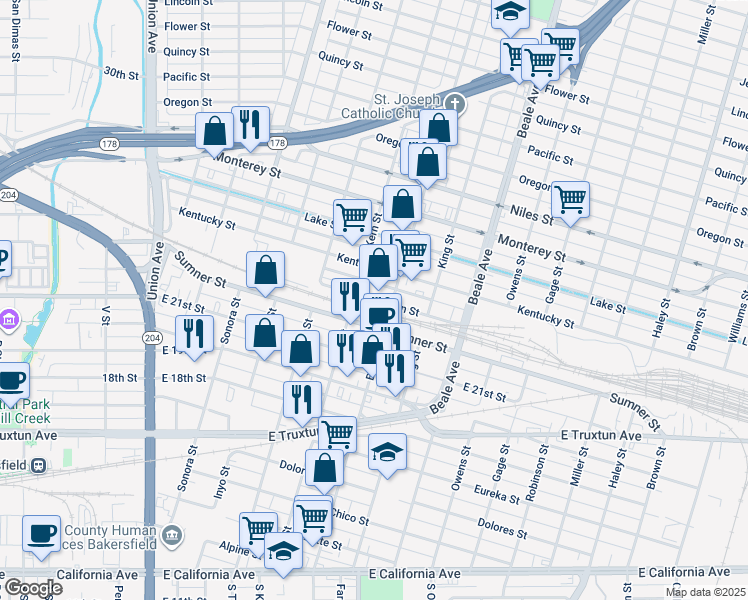 map of restaurants, bars, coffee shops, grocery stores, and more near 622 Jackson Street in Bakersfield